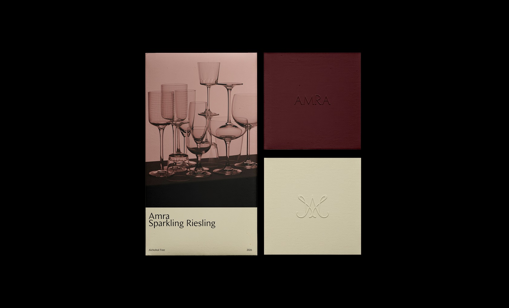 Amra brand identity with wine label and embossed cards
